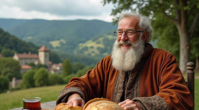 Homme âgé en robes médiévales partageant repas rural