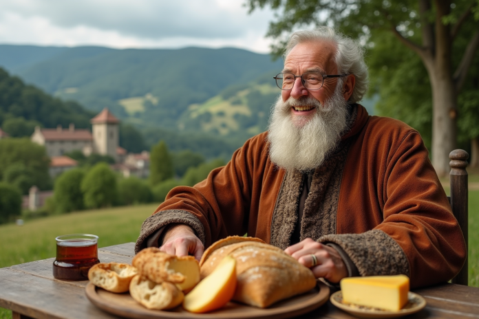 Homme âgé en robes médiévales partageant repas rural