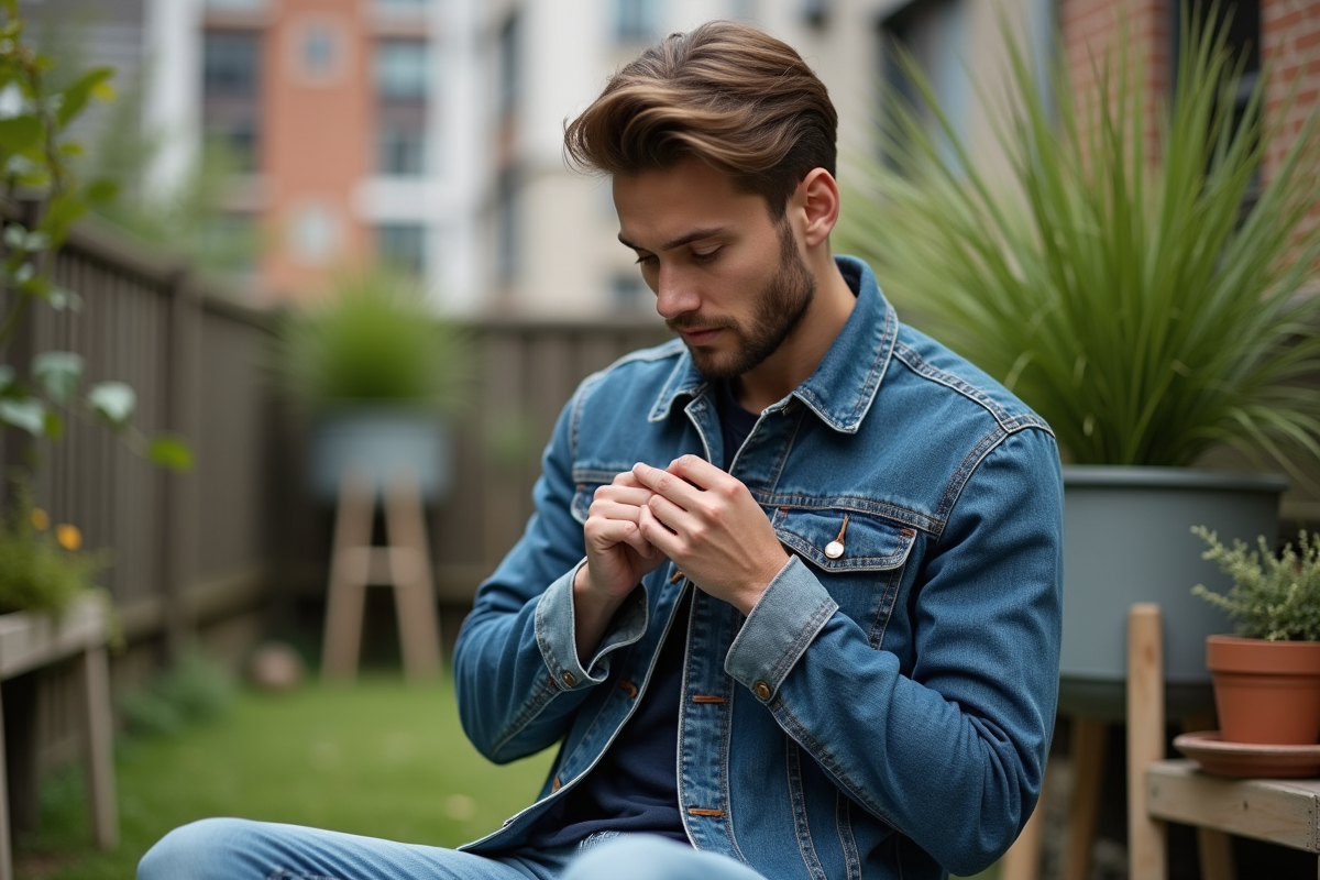 Homme répare une veste en denim dans un jardin urbain