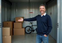 Homme souriant dans une salle de stockage organisée