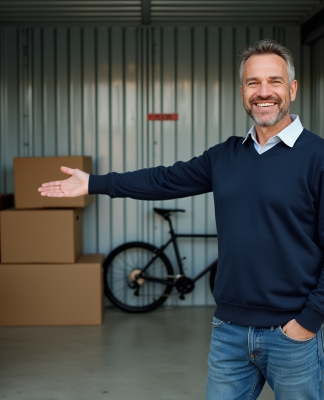 Homme souriant dans une salle de stockage organisée