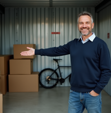 Homme souriant dans une salle de stockage organisée