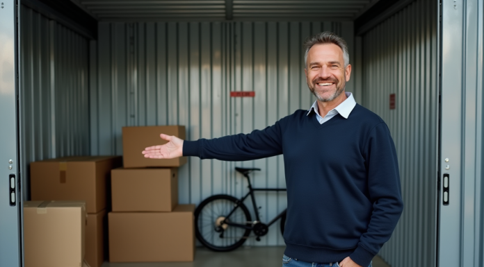Homme souriant dans une salle de stockage organisée