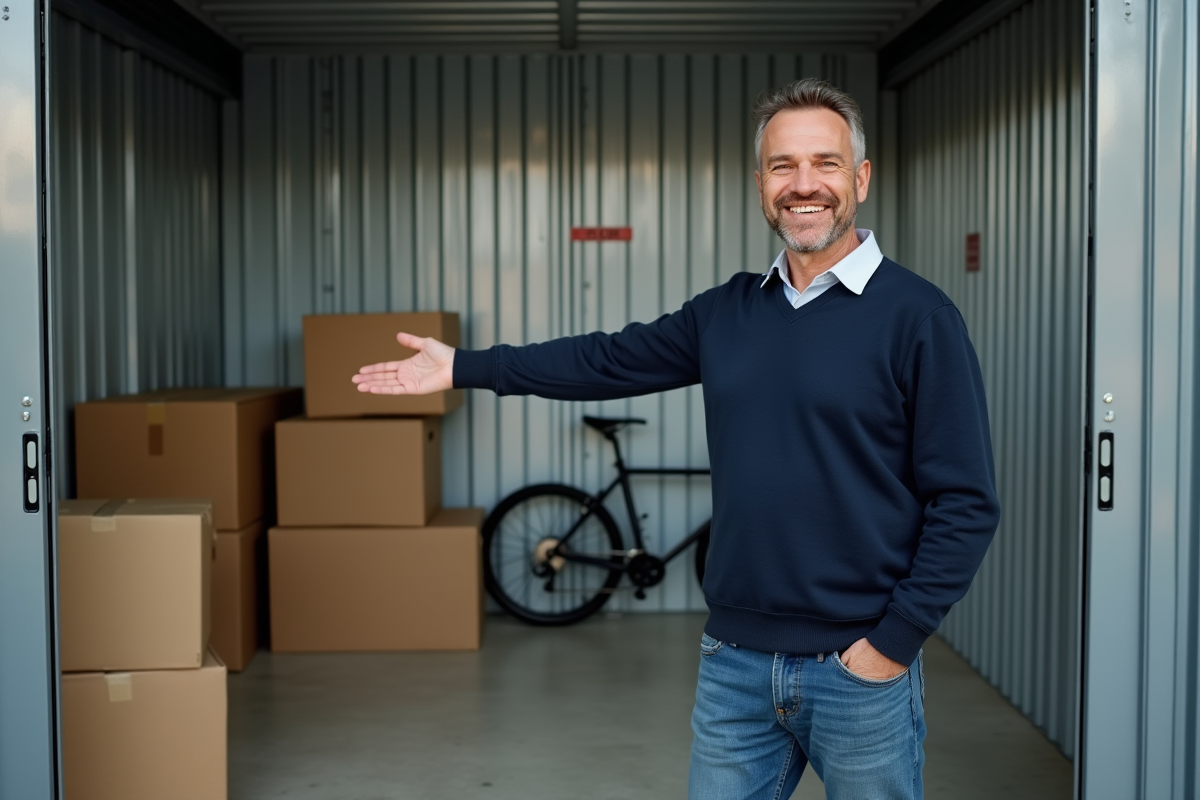 Homme souriant dans une salle de stockage organisée