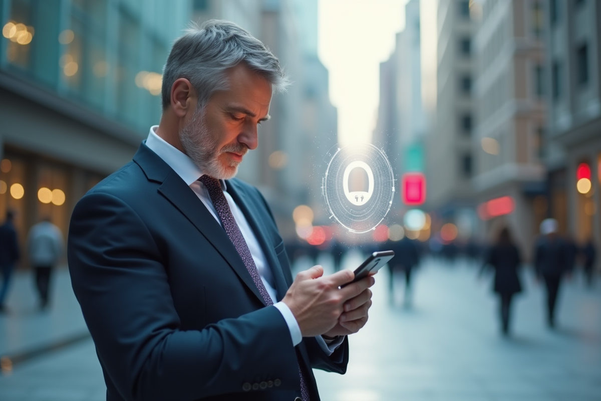 Homme en costume utilisant son smartphone en ville