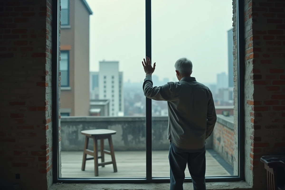 Homme d'âge mûr seul devant une grande fenêtre industrielle, contemplant la ville, évoquant la solitude subie en milieu urbain