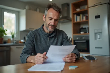 Homme d'âge moyen avec bracelet électronique dans sa cuisine