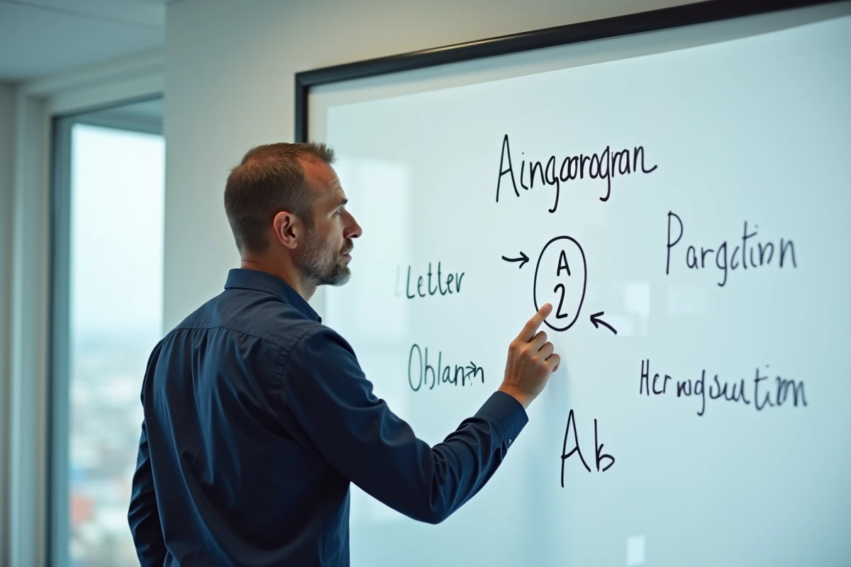 Homme devant un tableau blanc analysant des combinaisons de lettres et des anagrammes dans un bureau professionnel