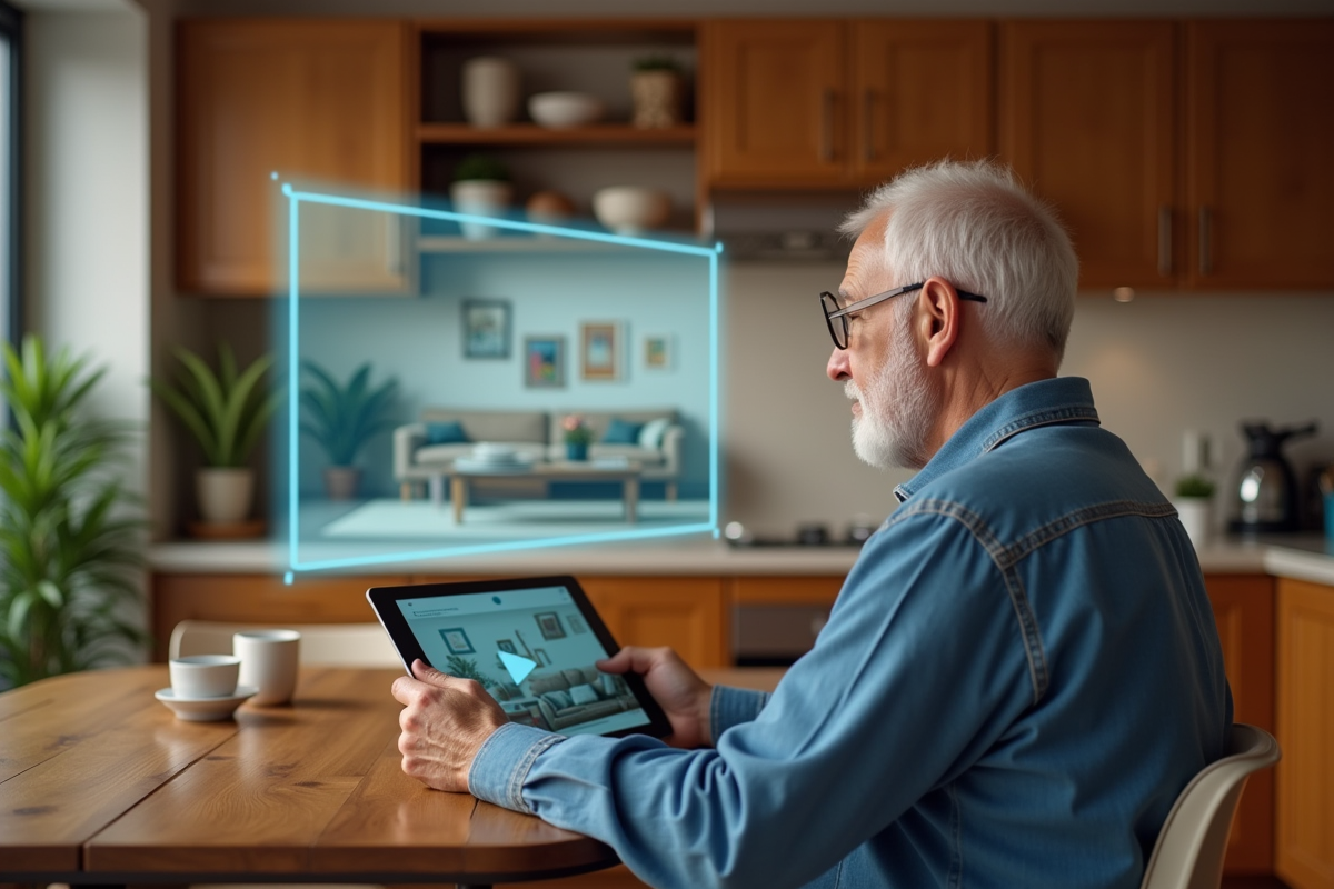 Homme regardant un plan virtuel dans sa cuisine chaleureuse