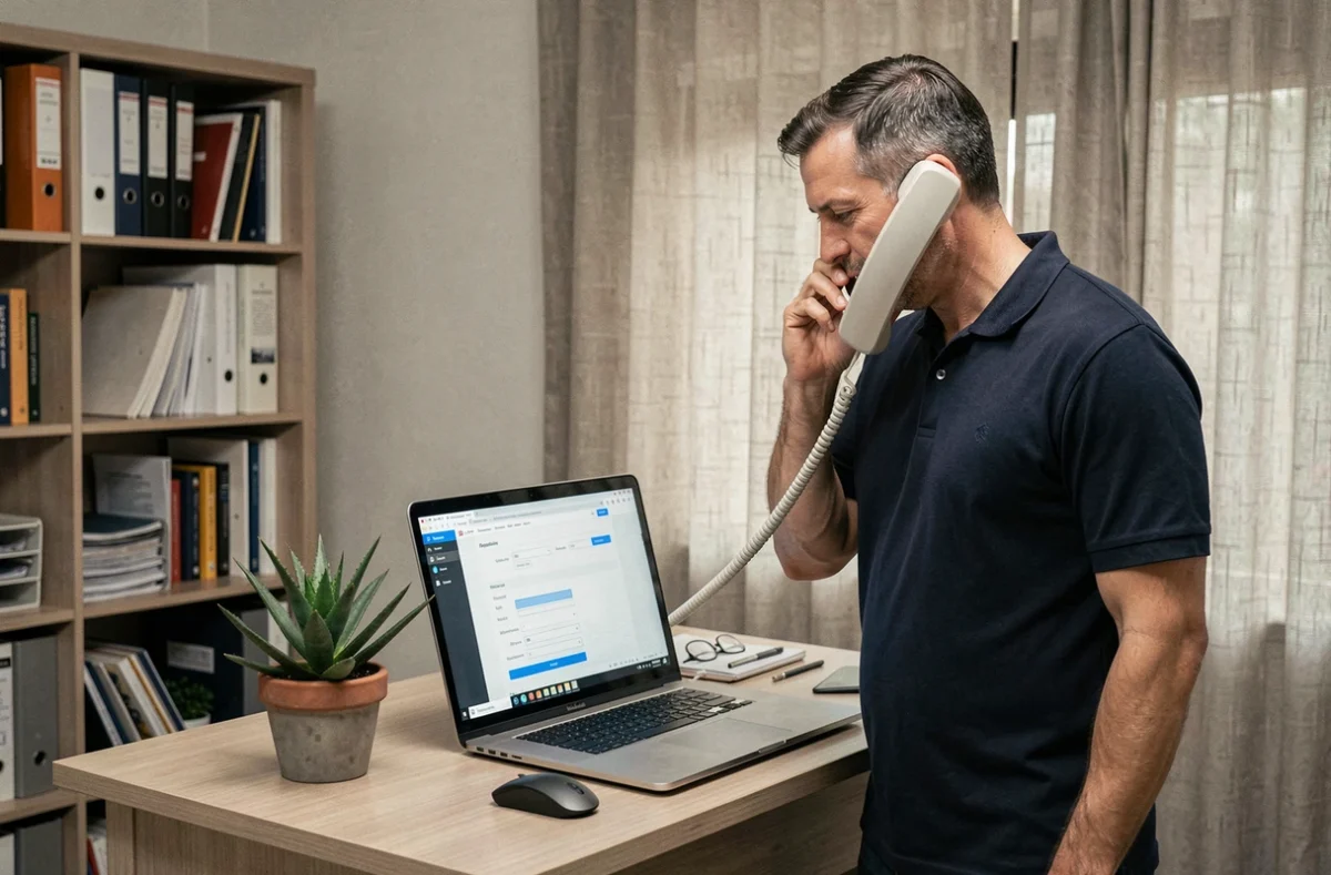 Homme utilisant un téléphone fixe sans fil Free dans un bureau à domicile avec paramètres de messagerie visibles sur ordinateur