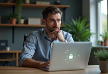 Homme d'affaires pensif avec ordinateur et cadenas virtuel