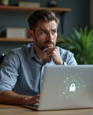 Homme d'affaires pensif avec ordinateur et cadenas virtuel