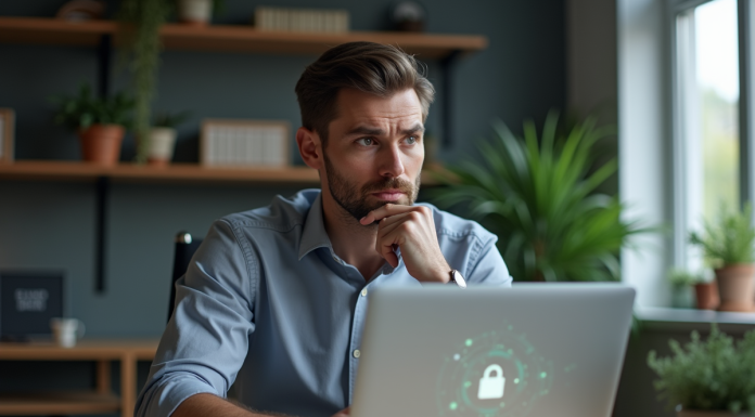 Homme d'affaires pensif avec ordinateur et cadenas virtuel