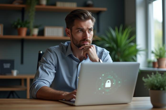 Homme d'affaires pensif avec ordinateur et cadenas virtuel