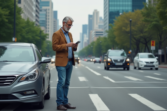 Homme d'âge moyen avec sa voiture en ville