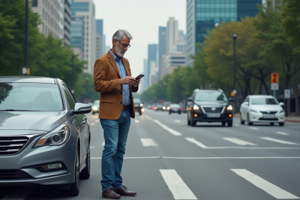 Homme d'âge moyen avec sa voiture en ville