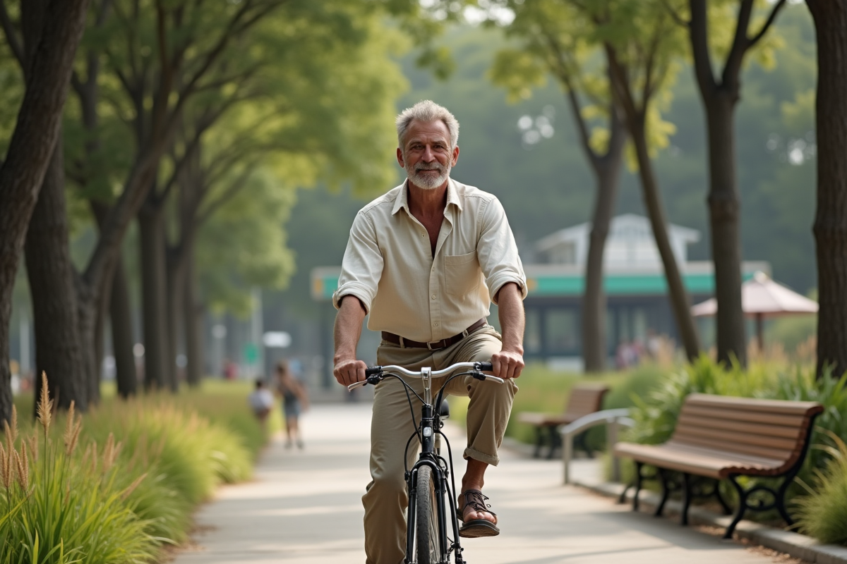 Homme en lin et chanvre à vélo dans un parc urbain