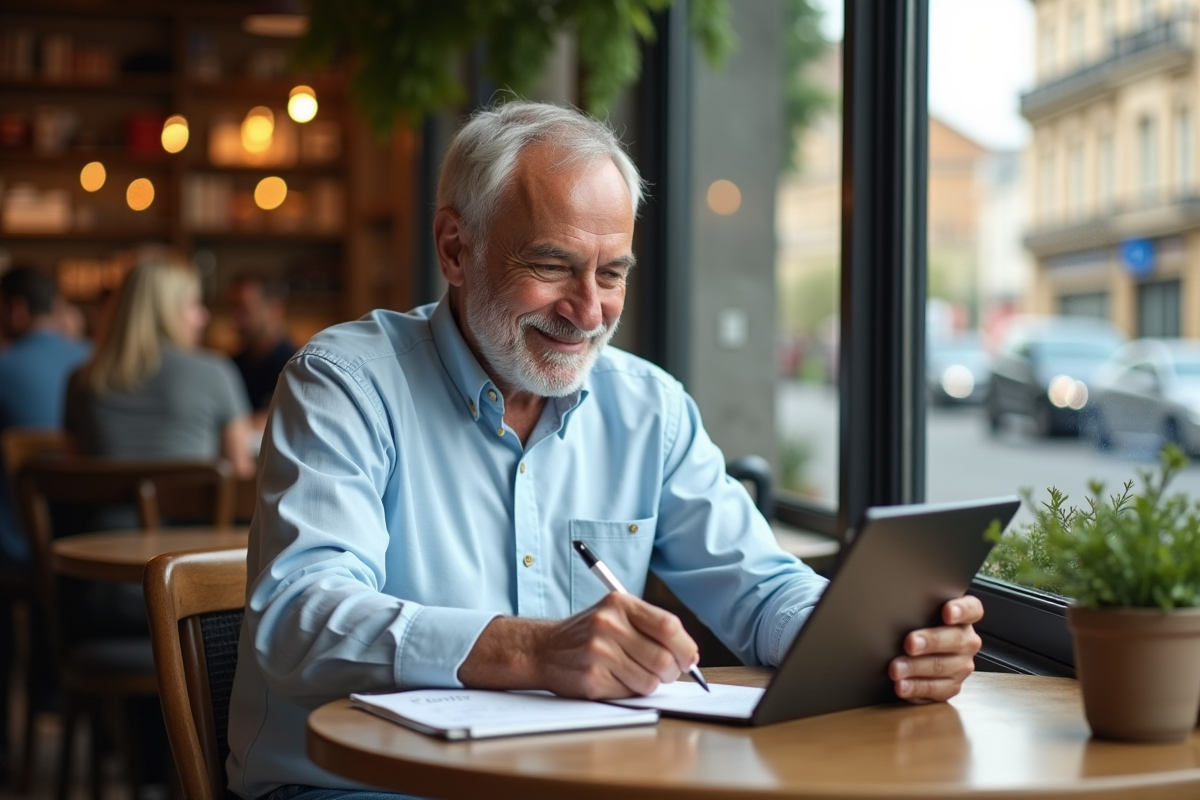 Homme âgé au café comparant des traductions