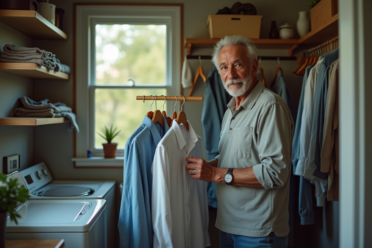 Homme âgé dans sa laverie tenant des chemises sur cintres