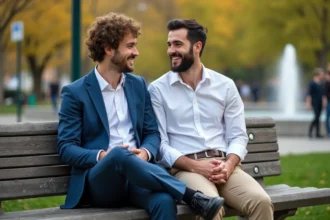 Deux hommes rient dans un parc urbain ensoleille