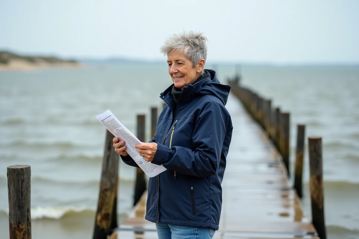 Femme consultant un tableau des horaires de marée sur un ponton en Vendée près de Saint-Hilaire-de-Riez