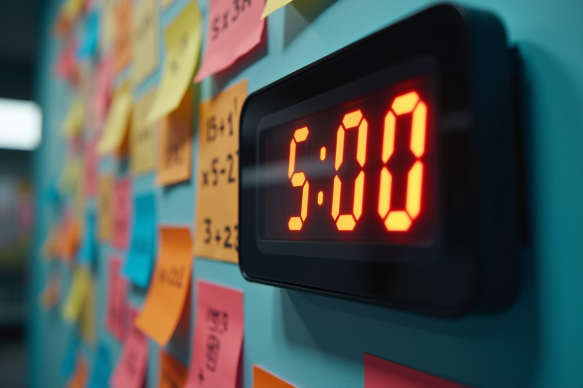 Horloge digitale entourée d équations manuscrites sur des notes adhésives