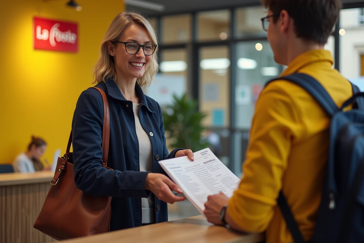 Femme déposant des documents à imprimer au guichet d'un bureau de La Poste en France