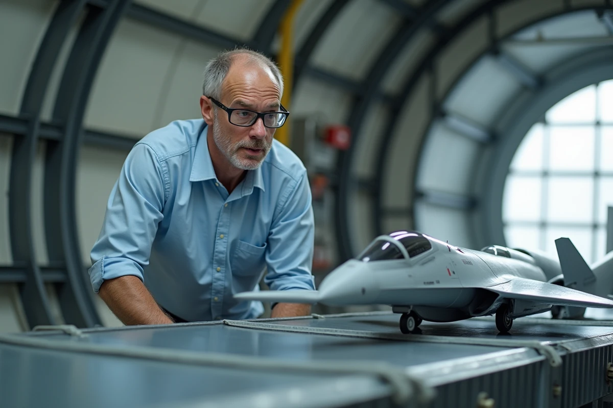 Ingénieur aérospatial inspectant une maquette de chasseur haute vitesse dans une soufflerie de test aérodynamique