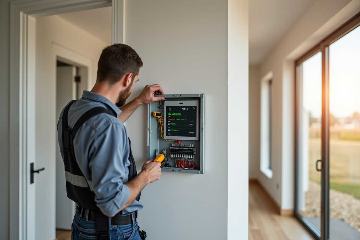 Electricien installant un panneau de contrôle domotique dans une maison neuve