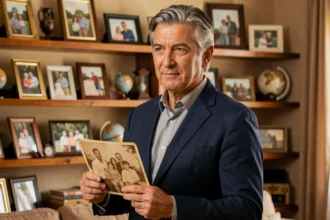Homme aux traits méditerranéens tenant une vieille photo de famille dans un intérieur chaleureux évoquant les racines familiales