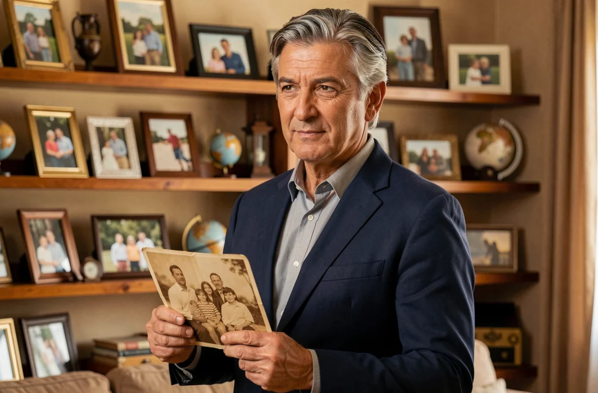 Homme aux traits méditerranéens tenant une vieille photo de famille dans un intérieur chaleureux évoquant les racines familiales