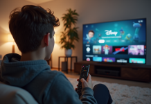 Jeune adulte inquiet devant une TV avec erreur Disney