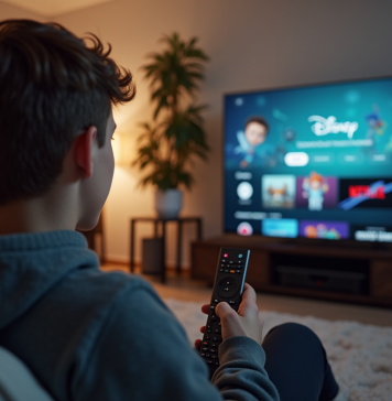 Jeune adulte inquiet devant une TV avec erreur Disney
