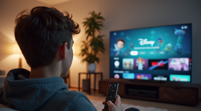 Jeune adulte inquiet devant une TV avec erreur Disney