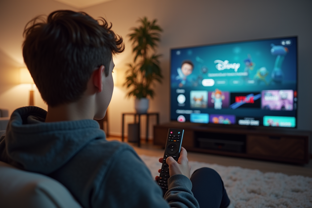Jeune adulte inquiet devant une TV avec erreur Disney