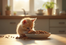Jeune chaton mangeant dans un bol en céramique dans une cuisine chaleureuse