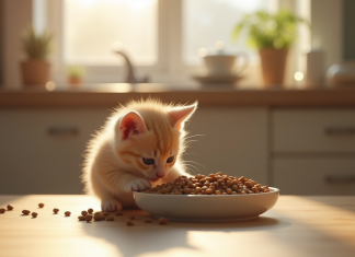 Jeune chaton mangeant dans un bol en céramique dans une cuisine chaleureuse