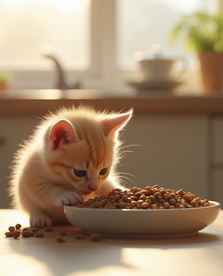 Jeune chaton mangeant dans un bol en céramique dans une cuisine chaleureuse