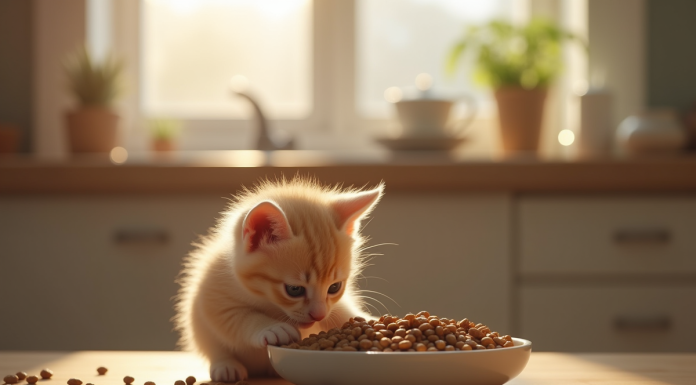 Jeune chaton mangeant dans un bol en céramique dans une cuisine chaleureuse