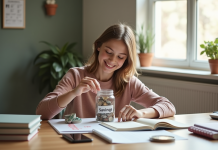Adolescent souriant comptant des pièces d'argent et mettant de l'argent dans un pot de savings