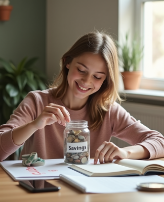 Adolescent souriant comptant des pièces d'argent et mettant de l'argent dans un pot de savings