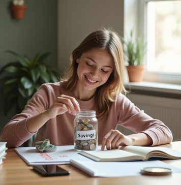 Économiser de l’argent à l’adolescence : astuces et conseils pratiques Adolescent souriant comptant des pièces d'argent et mettant de l'argent dans un pot de savings