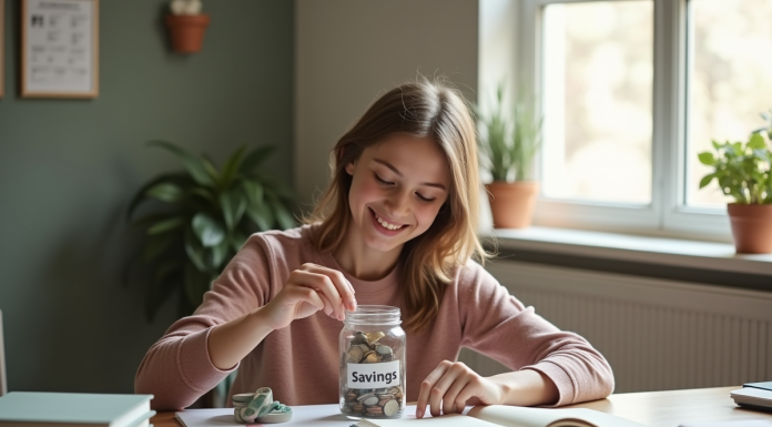 Adolescent souriant comptant des pièces d'argent et mettant de l'argent dans un pot de savings