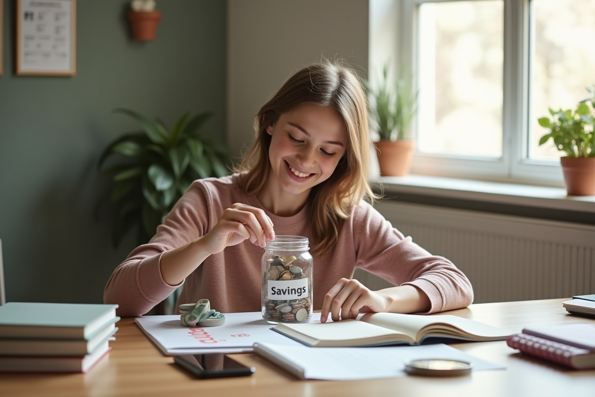 Adolescent souriant comptant des pièces d'argent et mettant de l'argent dans un pot de savings