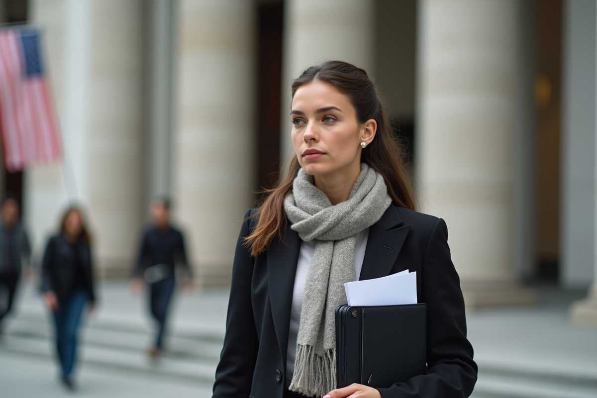 Jeune diplomate femme devant un bâtiment fédéral américain