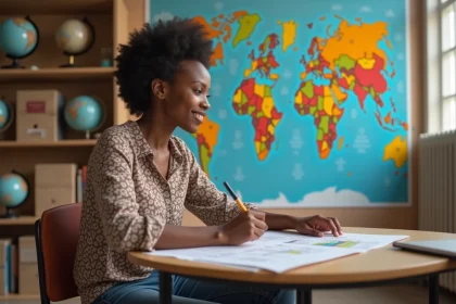 Jeune femme africaine dessinant une carte mentale colorée