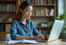 Jeune femme en denim au bureau à domicile