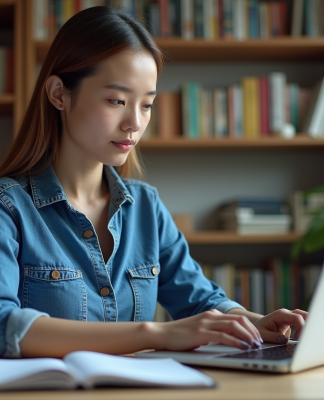 Jeune femme en denim au bureau à domicile