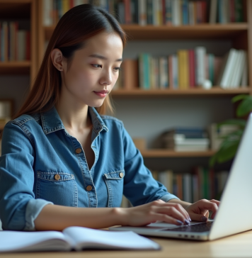 Comparatif Google Translate, DeepL : lequel choisir ? Traduction automatique Jeune femme en denim au bureau à domicile