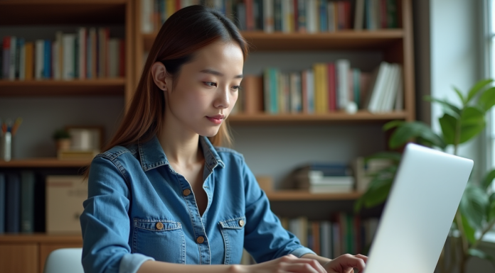 Jeune femme en denim au bureau à domicile